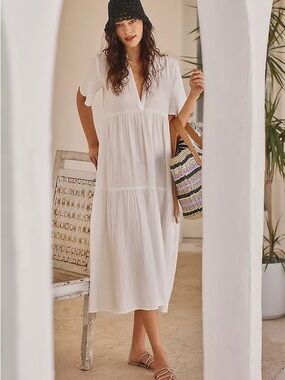 Anthropologie Celandine Kallie 100% Cotton Gauze Midi Dress White